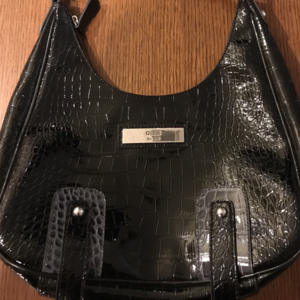 Guess Tote Handbag Black Faux Patent Leather