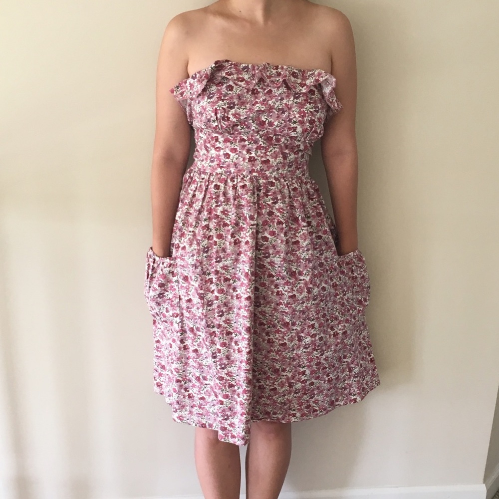 Vintage strapless flowery dress with pockets - Picture 4 of 4