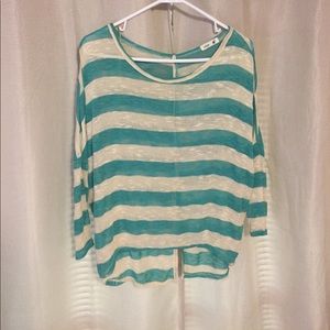 Long sleeve high low striped top with button back