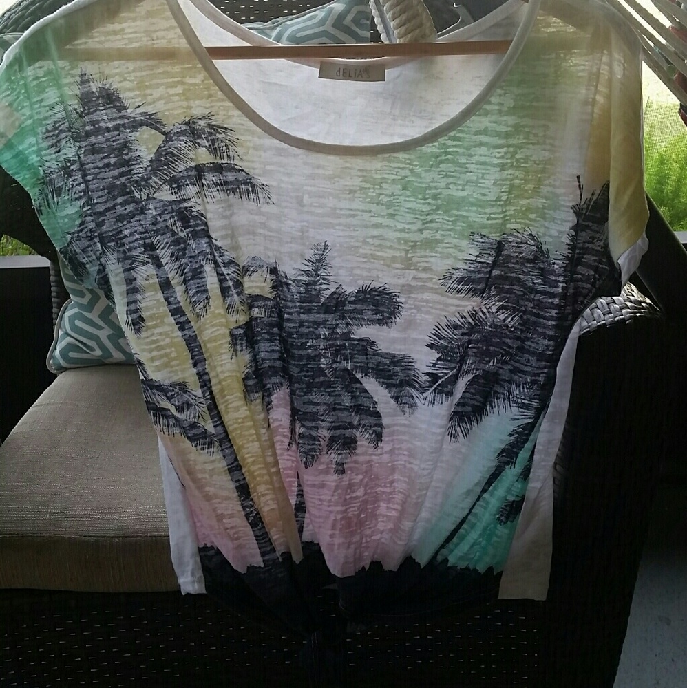 Pastel Palm Tree Tie Front Top