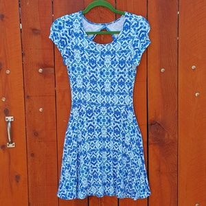 Blue Diamond Pattern Cut Out Skater Dress