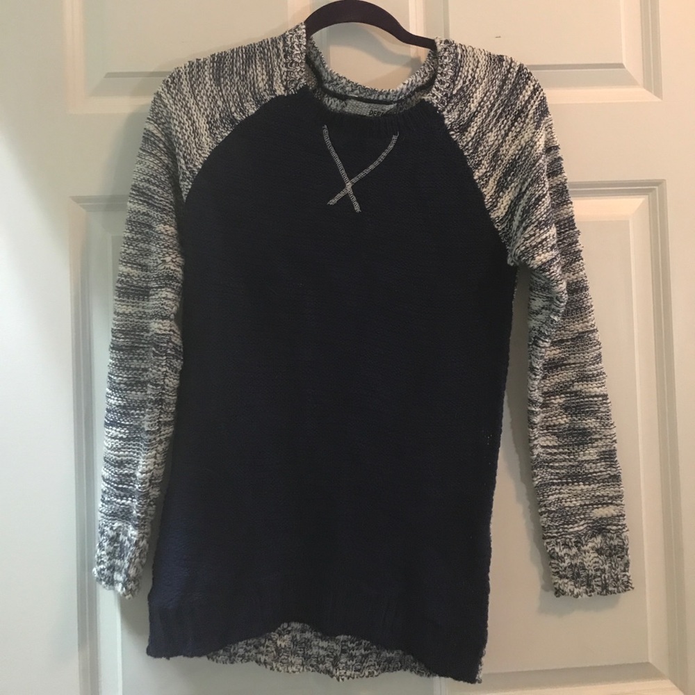 Navy blue sweater with navy and white sleeves