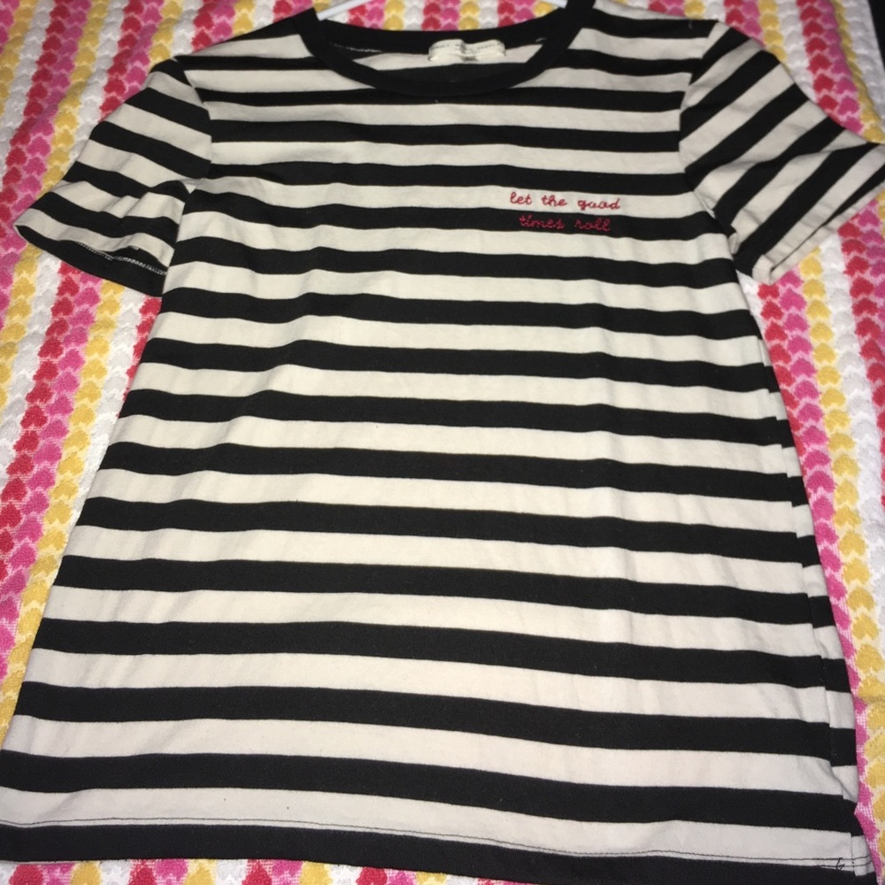 Black and white striped shirt with a saying