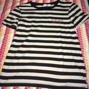 Black and white striped shirt with a saying