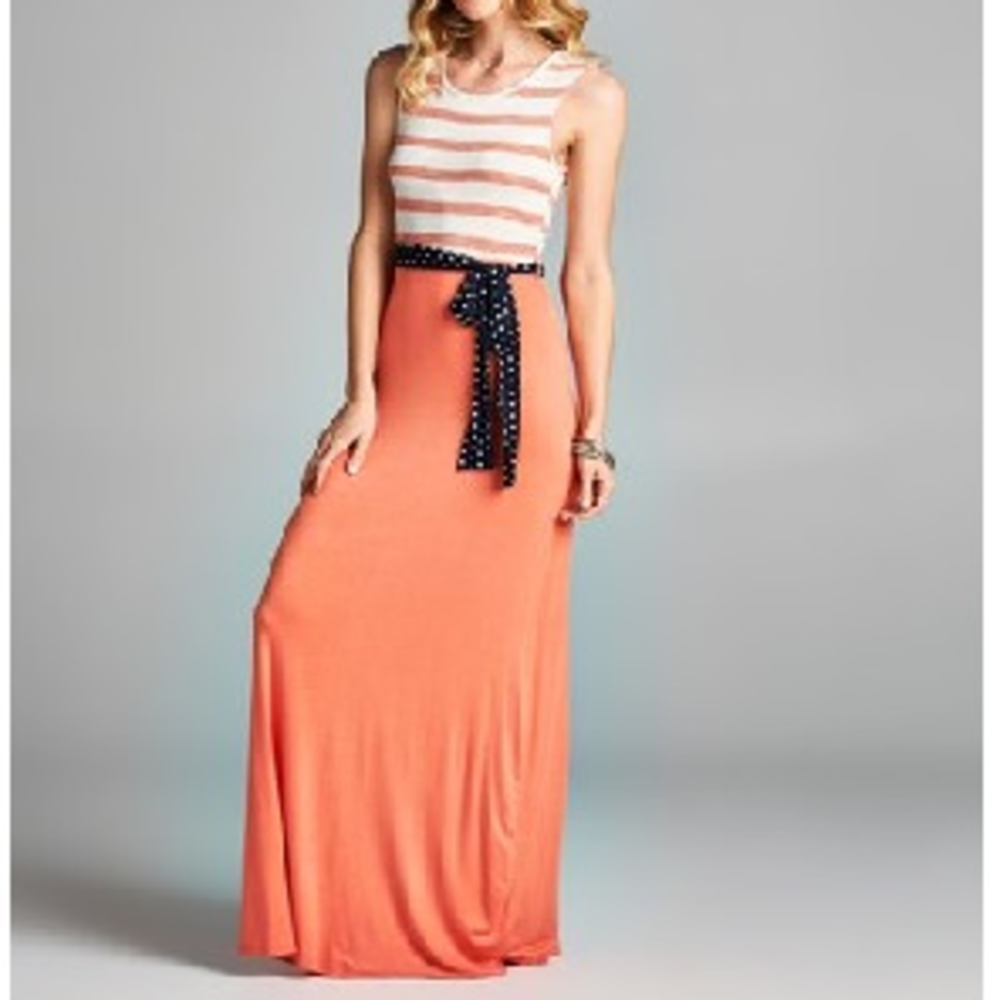 Coral Stripe Belted Maxi Dress