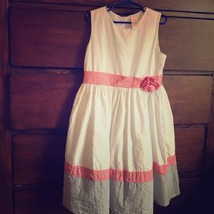 Girls sleeveless white, pink and stripped dress.