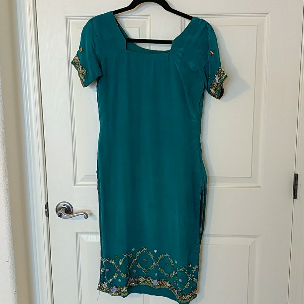Hand Made Green Beaded Indian Dress tunic kurta