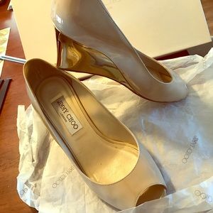 Open-Toed Tan Jimmy Choo with Gold Heel