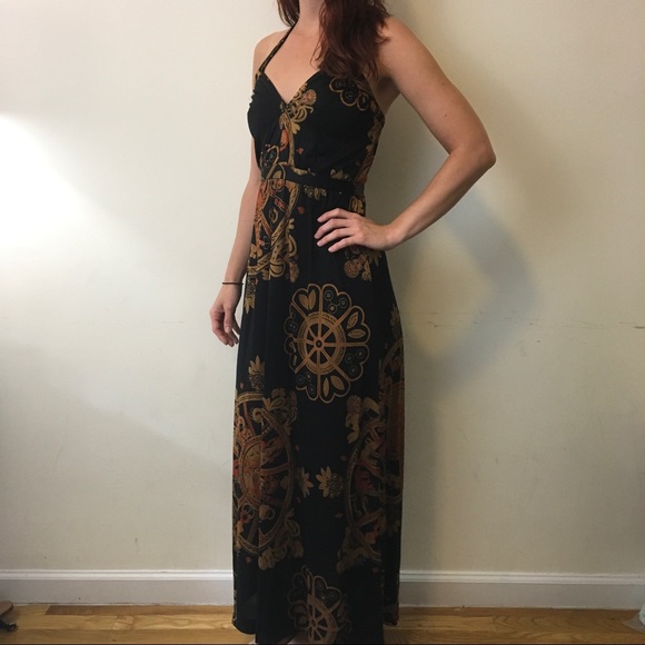Nieves Lavi Dresses & Skirts - Nieves Lavi Black Silk Gold Chain Print Maxi Dress
