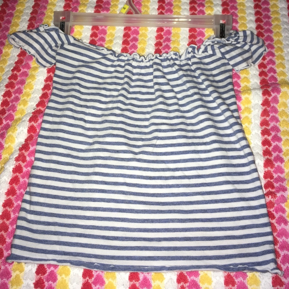 Off the shoulder white and blue striped shirt