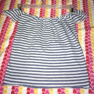 Off the shoulder white and blue striped shirt
