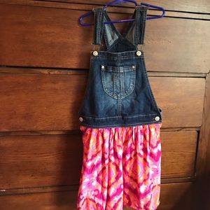 Overall jean top with pink and orange tie die.