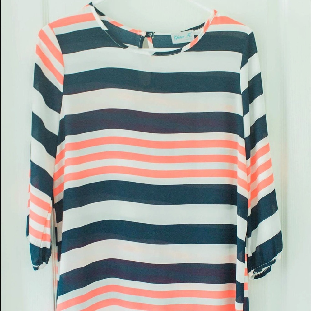 Grace K. Clothing navy/white/coral blouse