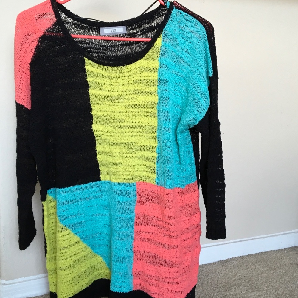 VIP Color BLOCK coral, turq, black, chartreuse TOP