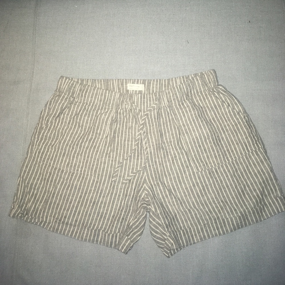 Grey and White Striped Drawstring Shorts