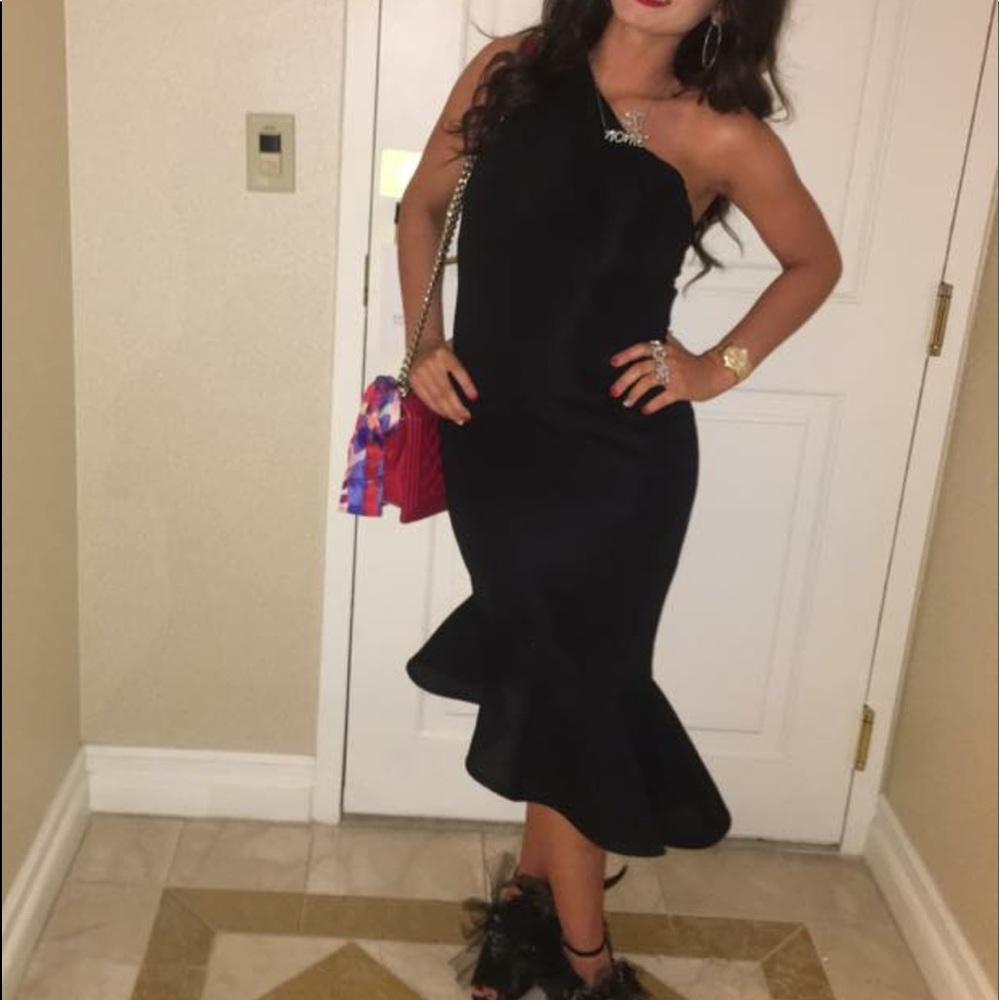 Black one shoulder dress with net ruffle bottom