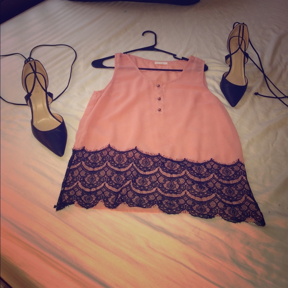 Sheer pink shirt with black lace