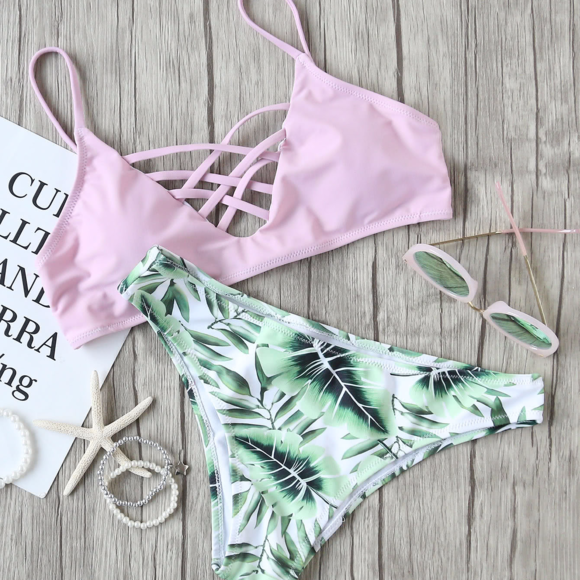 Other - 💋LAST ONE!! Pink Leaf Print Criss Cross Bikini💋