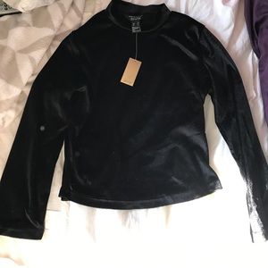 Black velvet mock neck long sleeved shirt