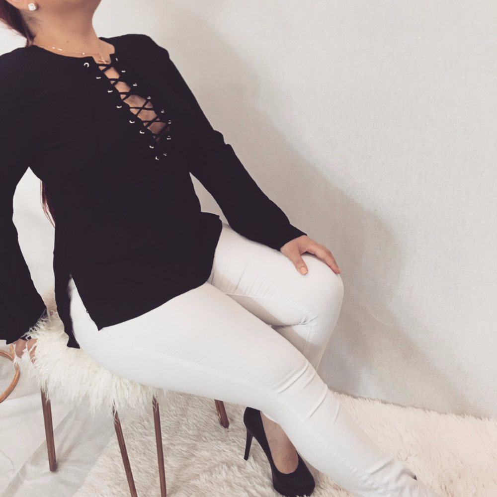 Black Lace-Up Bell Sleeve Top