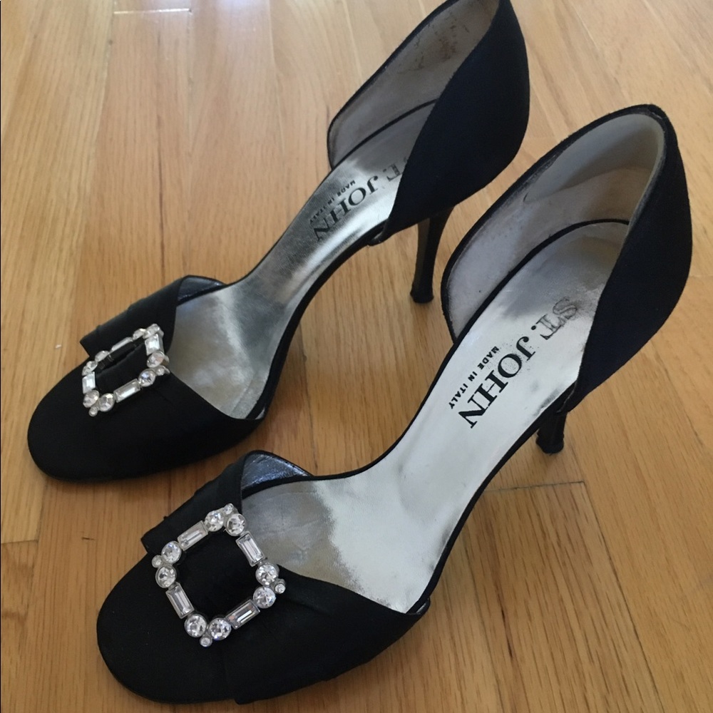 Black Satin St. John open-toe heels w/ buckle.