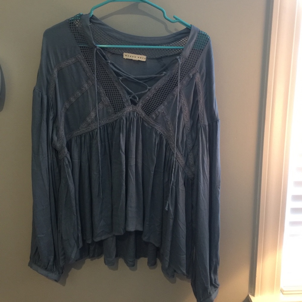 Blue Lace Up Long Sleeve Blouse