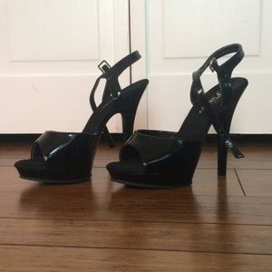 Black patent leather open toe ankle strap stiletto