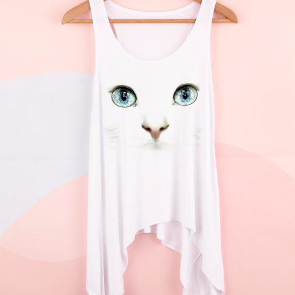 none Tops - Cat face winged hem tank top