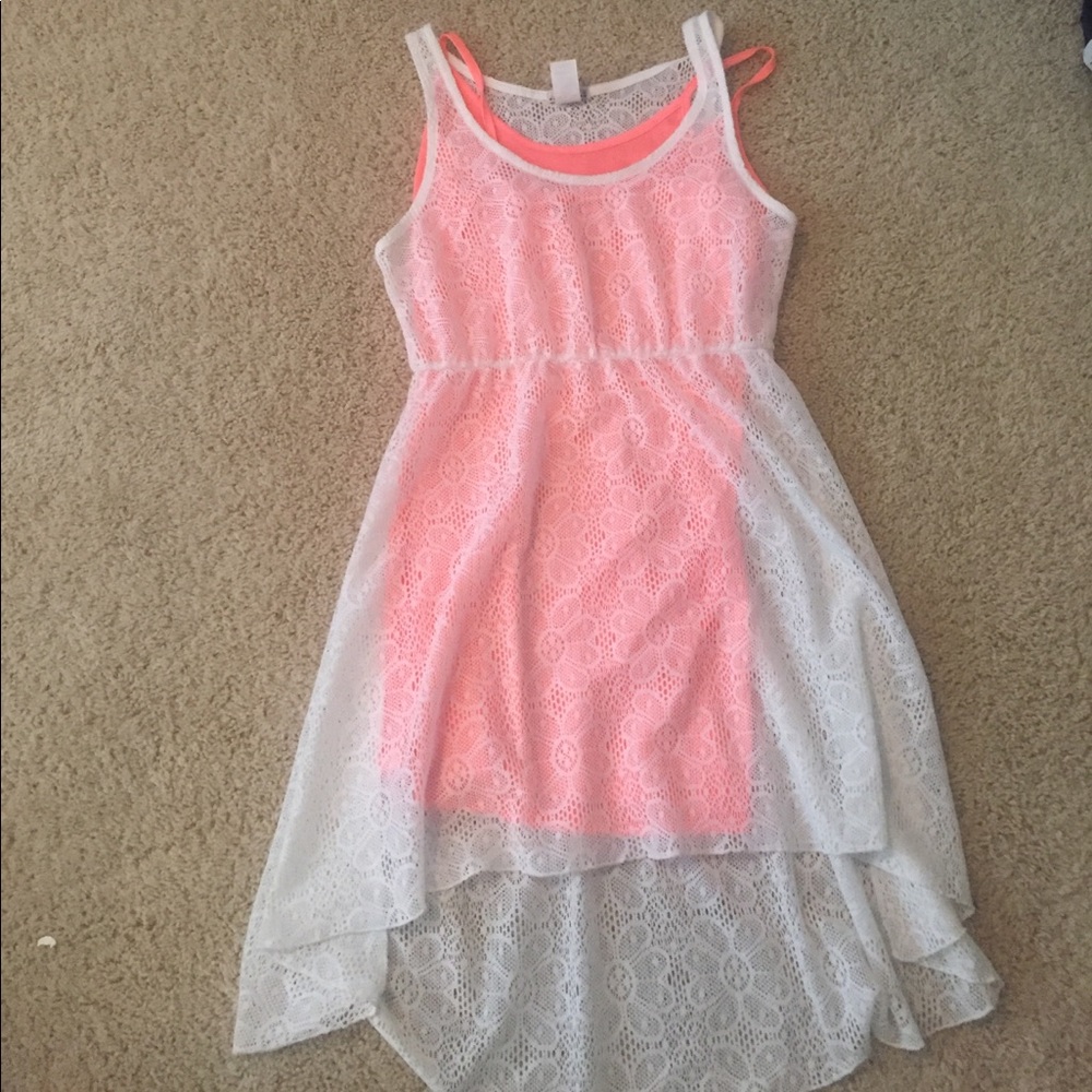 High low cream lace dress with salmon slip