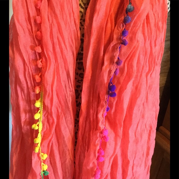 Bright Coral Pom Pom Scarf - Picture 2 of 2