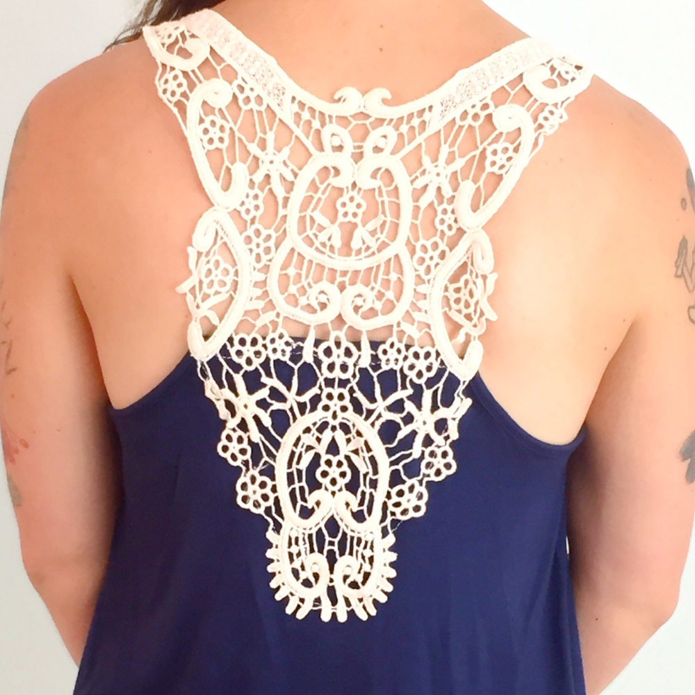 Soft Navy Blue Tank with Crochet Detail Back - Picture 2 of 3
