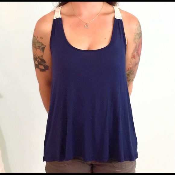 Soft Navy Blue Tank with Crochet Detail Back - Picture 3 of 3