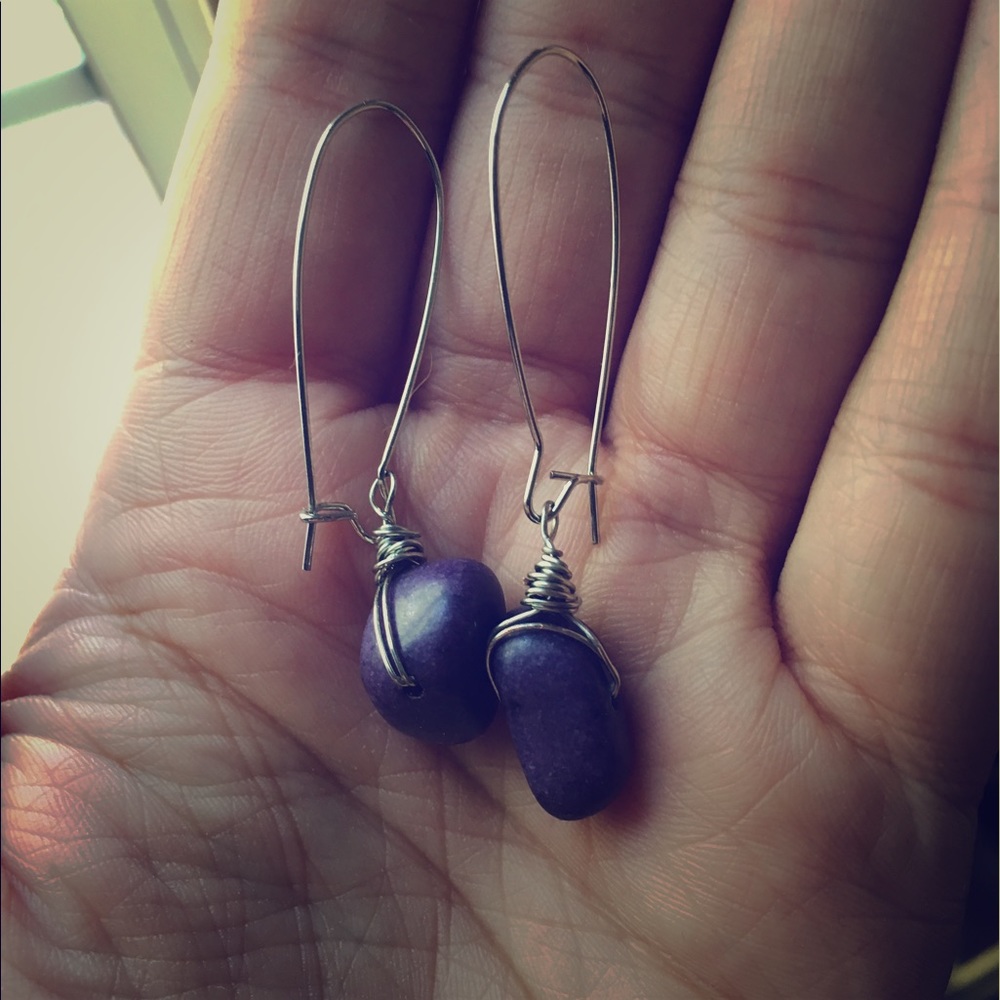 PURPLE STONE, TWIST DANGLE EARRINGS **HANDMADE**