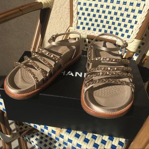 Chanel Authentic Beige and Gold Chain SandalS