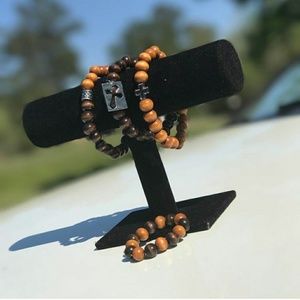 Mens wood bracelet set with charm