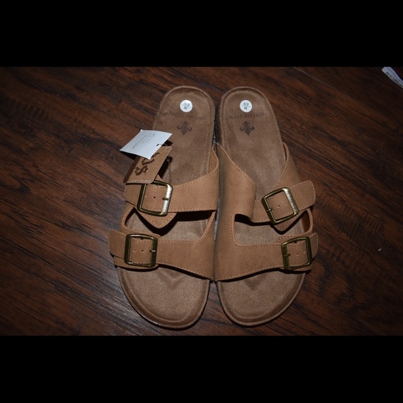 Men's Brown Double Buckle Flip Flops - Picture 1 of 4