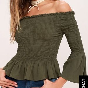 NWT Lulus Green Smocked Off the Shoulder Top