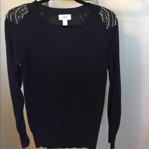 Navy crew neck l sweater with shoulder pad detail!