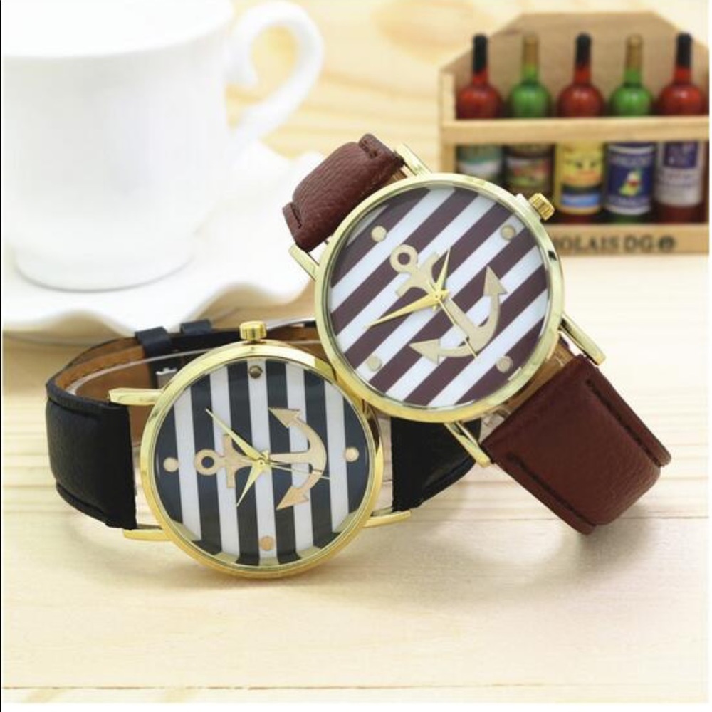 Unisex Striped Anchor Analog Quartz Watch Black