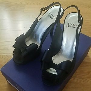 Black satin sling back heels