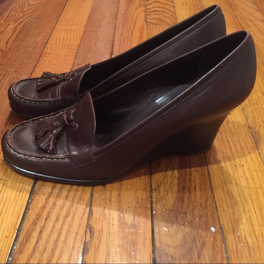 Franco Sarto leather brown loafer wedges