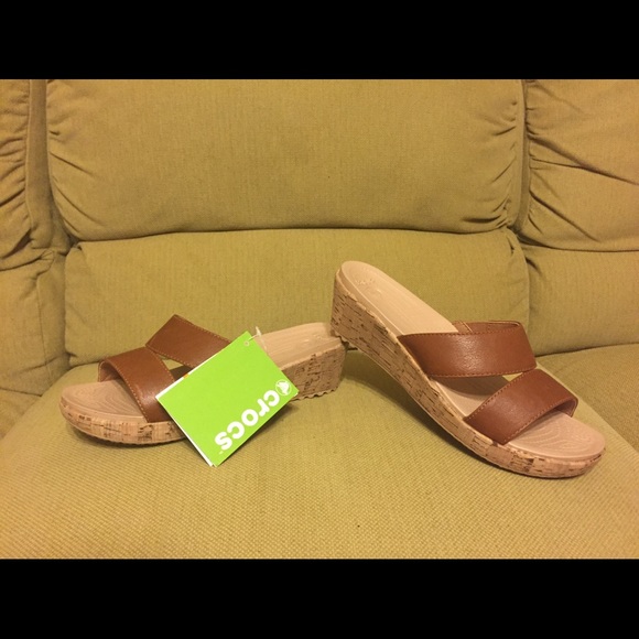 CROCS Shoes - NWT Crocs a-Leigh cocoa leather mini wedge size 7