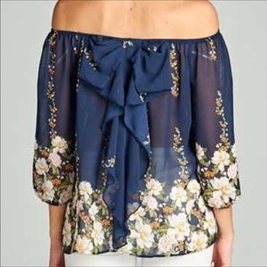 Stunning bow back top navy with florals NWT