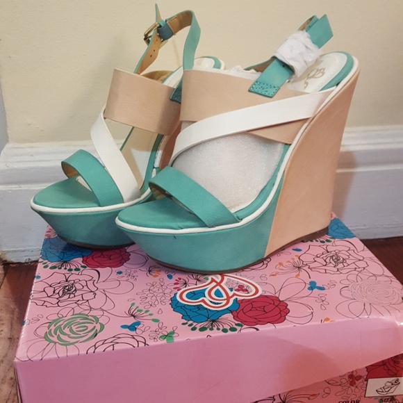 Shoes - Turquoise, tan and white wedge sandals.