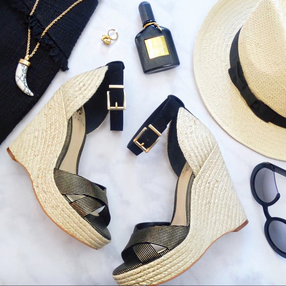 Vince Camuto Shoes - Vince Camuto Black & Gold Ankle Strap Wedge Sandal
