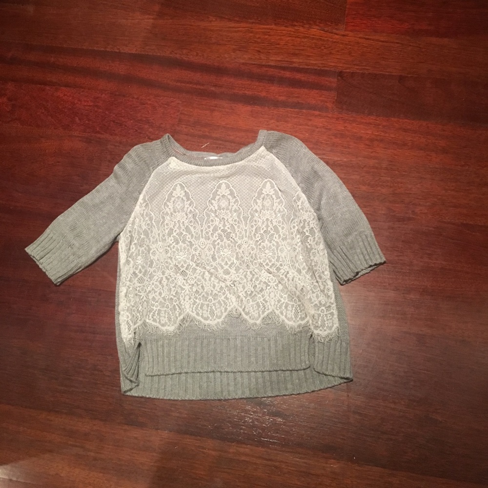 Gray Sweater with White Lace Detailing