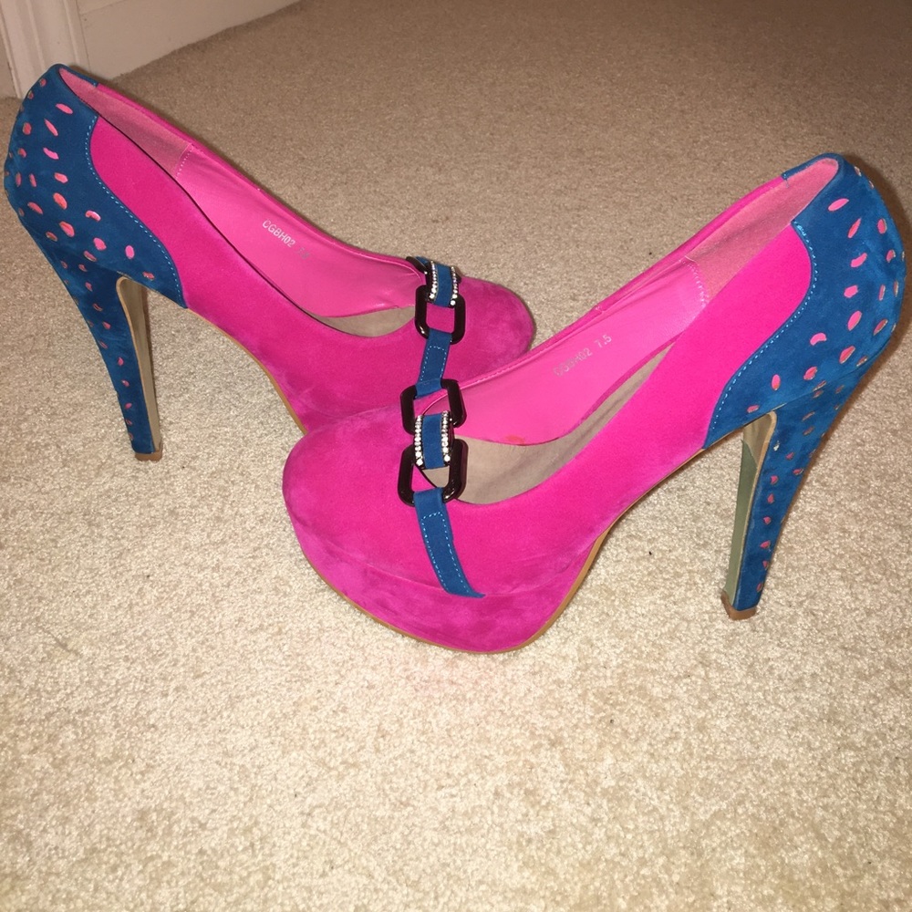 Suede pink&blue heels, 7.5, great condition