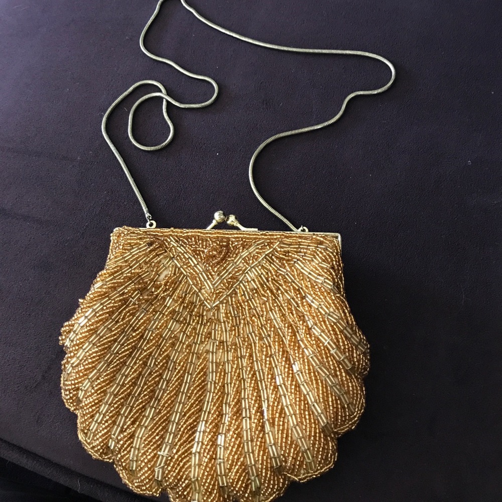 Vintage Hand Beaded Gold Shell evening bag