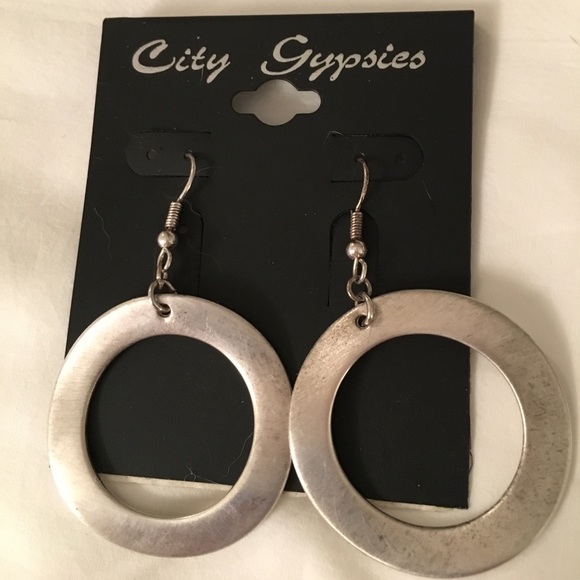 Brushed SILVER Circle Dangle Earrings - Picture 1 of 5
