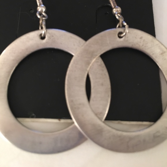 Brushed SILVER Circle Dangle Earrings - Picture 3 of 5